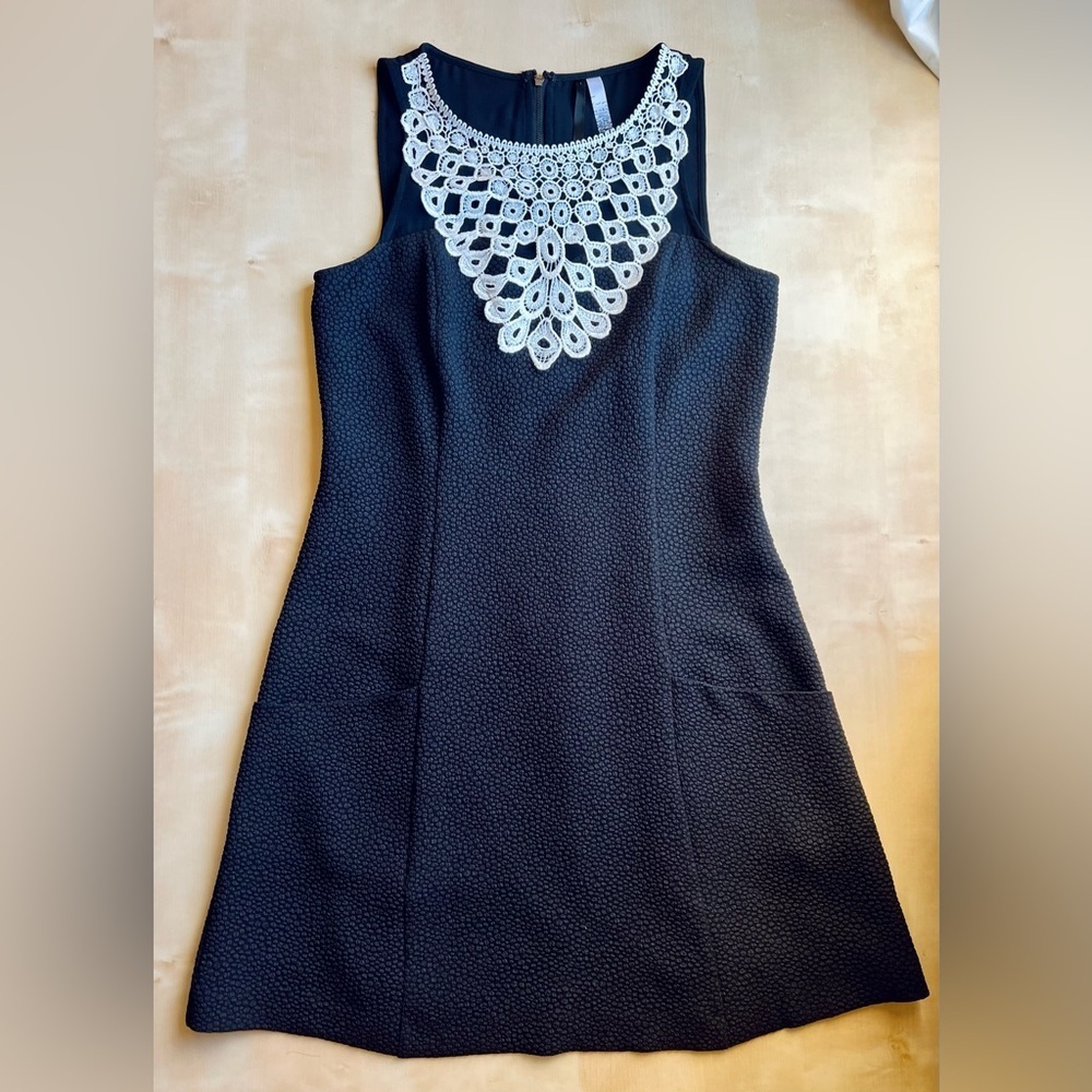Kensie Black A-line Mini Shift Dress with Romantic White Lace Collar